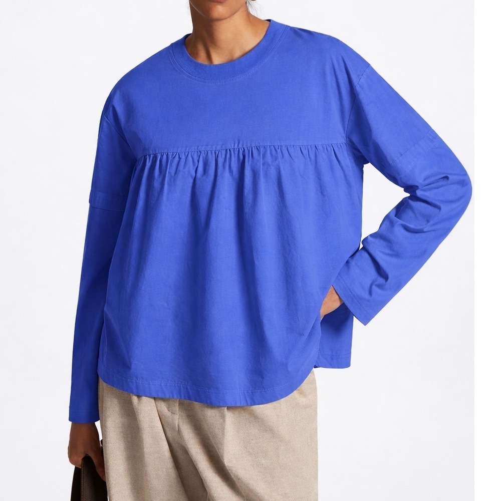 COS Regular Fit Layered Top Blue Mixed Media Cotton‎ Long Sleeve Blouse L